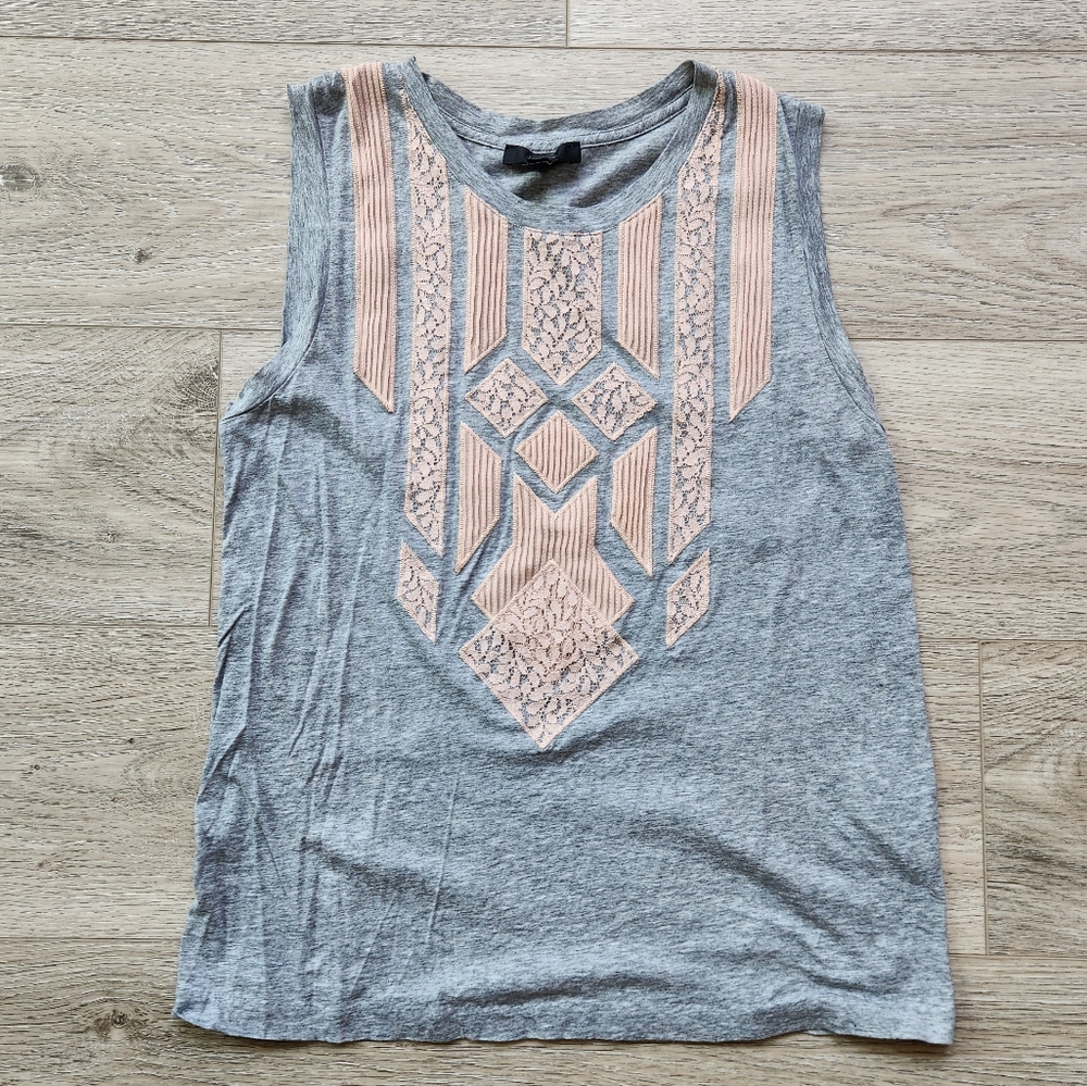J. Crew Gray and Pink Sleeveless Top Womens Xs Peach Applique Knit Tank Top